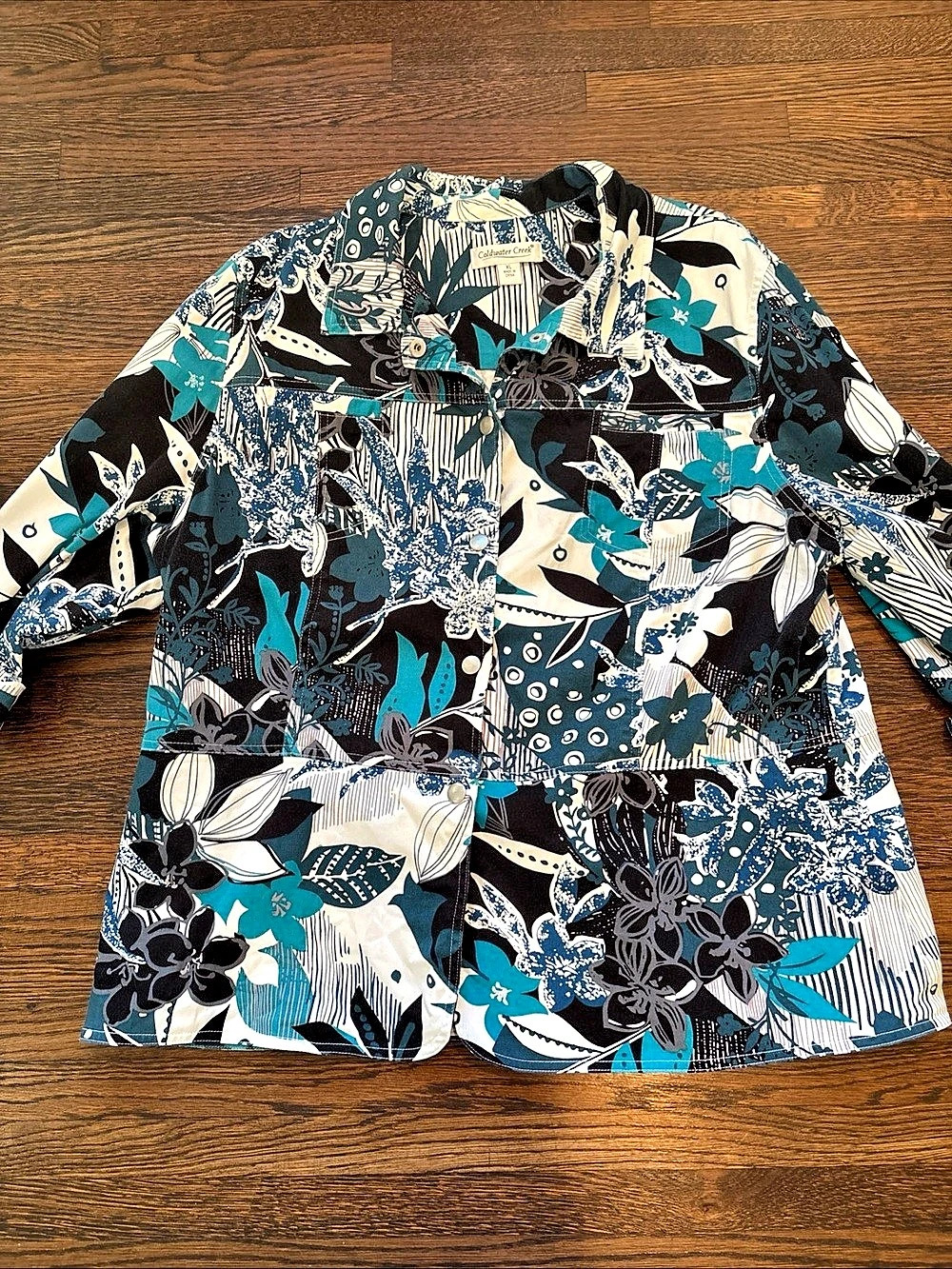 Coldwater Creek Floral Snap-Front Jacket in Blue & Black XL Like New